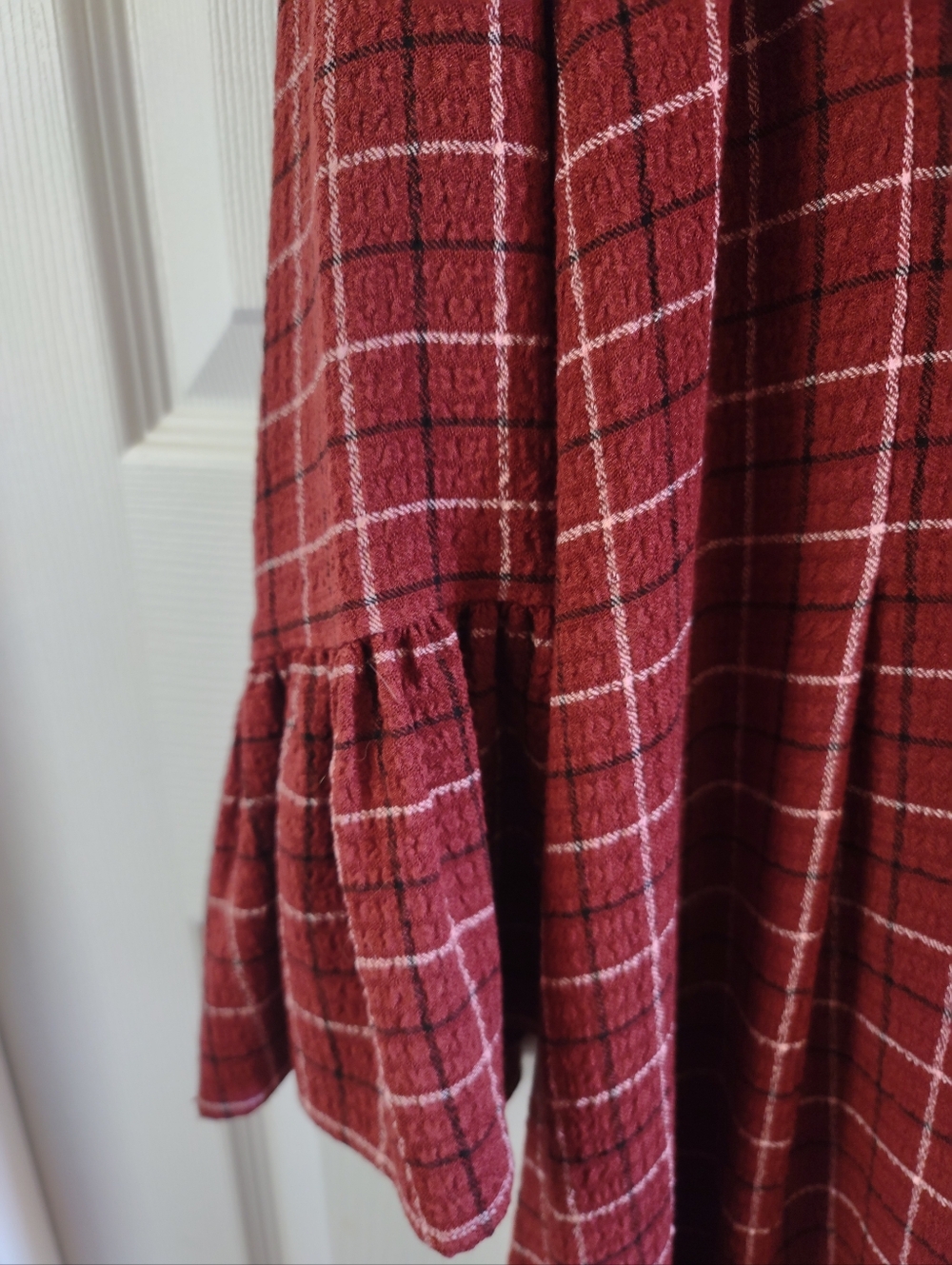 TORRID SIZE 1 / 1X Brown Plaid Gauze Long Bell Sleeve Mini Shirt Dress, Buttons - Picture 5 of 8